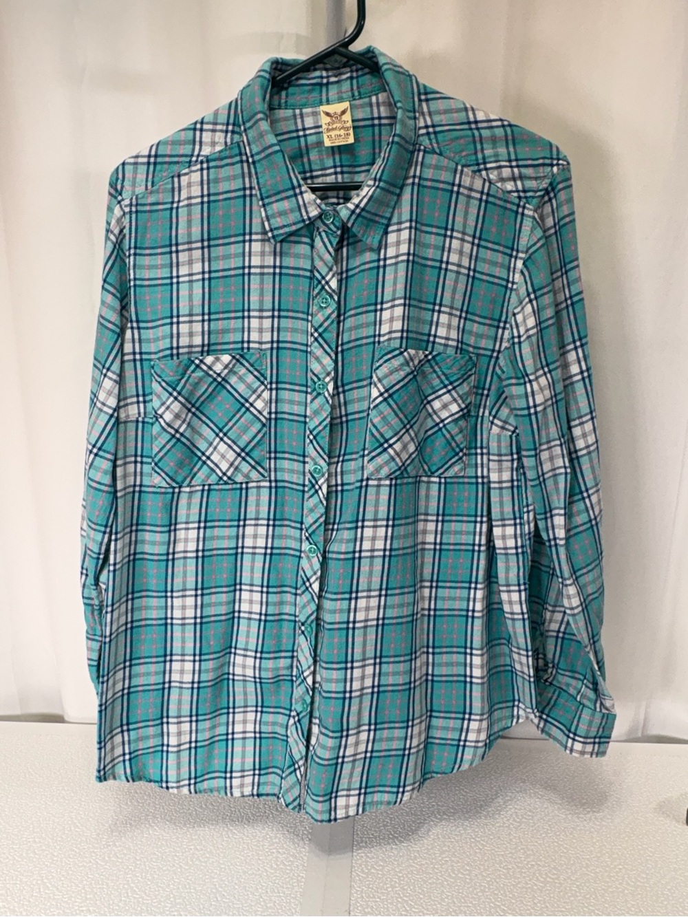 Faded Glory Teal Plaid Long-Sleeve Button-Up Shirt 4201